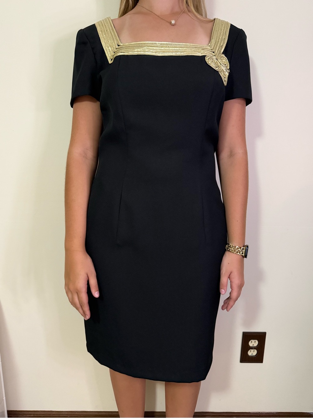 Black Dress with Gold Trim Square Neckline
